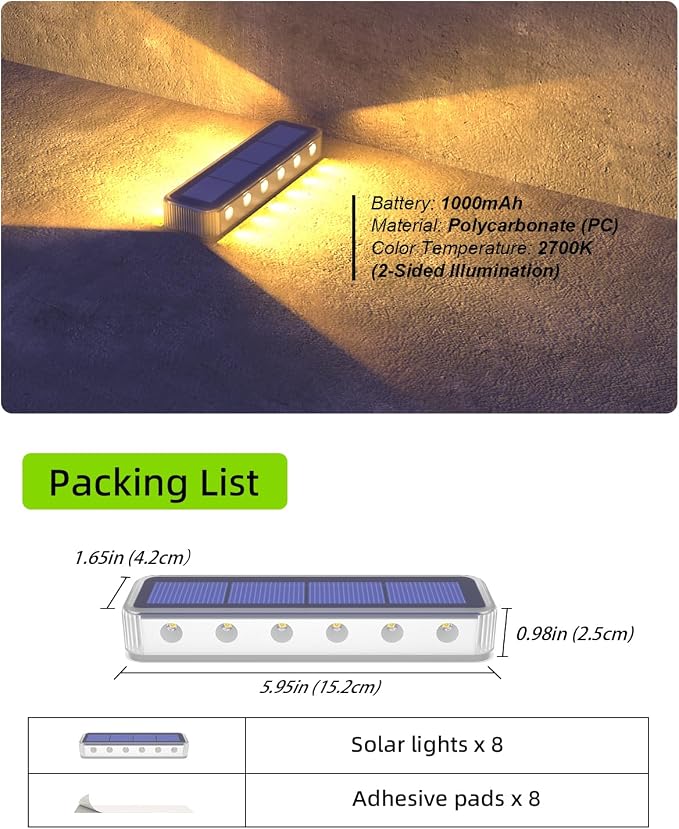 DetarZinLED Solar Step Lights for Outside 8 Pack, 12 LEDs 2-Sided Illumination Solar Stair Lights Outdoor IP68 Waterproof,Auto On/Off Deck Lights Solar Powered for Patio,Yard,Path,Walkway (Warm White)
