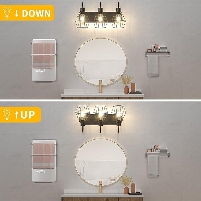 Retro Style Industrial Bathroom Vanity Light 3 Lights, Vintage Matte Black Wall Sconce with Caged, E26 Base Farmhouse Wall Light Fixture for Bathroom Vanity