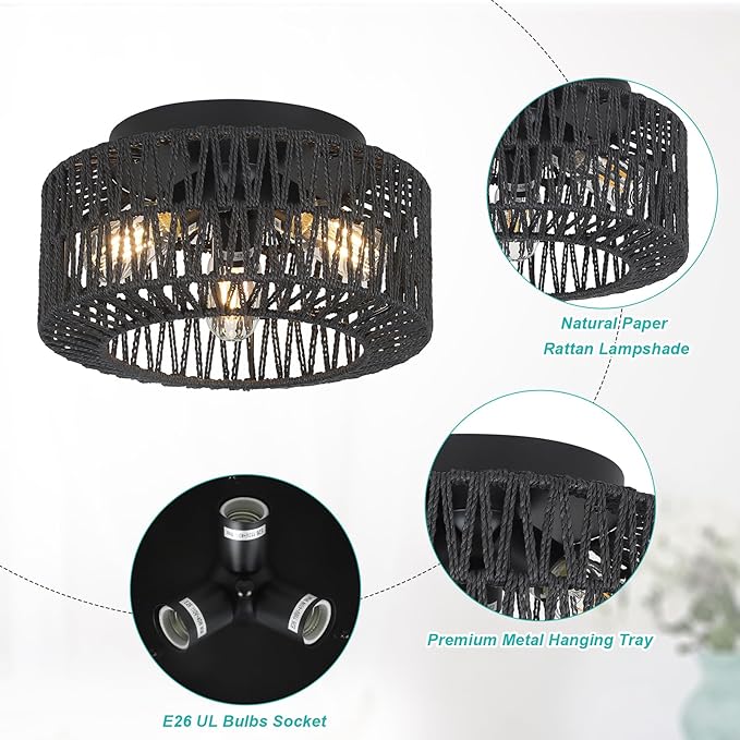 Rattan Light Fixtures, 3-Light Boho Flush Mount, Farmhouse Ceiling Light with Hand-Woven Shade, Modern Chandelier for Living, Bedroom, Entryway, Kitchen, Nursery