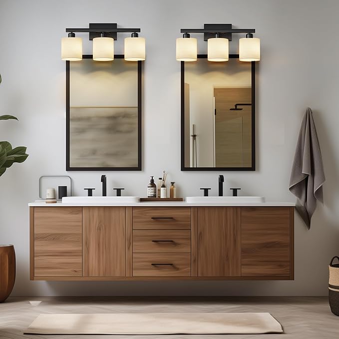 PARTPHONER Bathroom Light Fixtures, Bathroom Lighting Fixtures Over Mirror, Interior Classic Vanity Lights, Modern Vanity Light with Textured White Glass Shade, Matte Black, 3-Light