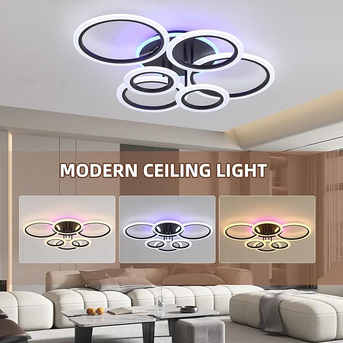Modern LED Ceiling Light,Dimmable Ceiling Lights for Bedroom,70W Flush Mount Ceiling Light,6 Rings Lighting Fixture LED Ceiling Lamp for Kitchen,Living Room,Laundry Room,3000-6000K,Black