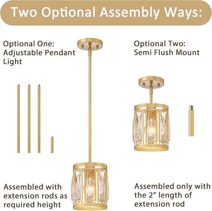 2 Pack Gold Pendant Lights Kitchen Island, Crystal Pendant Light, Adjustable Hanging Light Fixture for Dining Room, Living Room, Kitchen