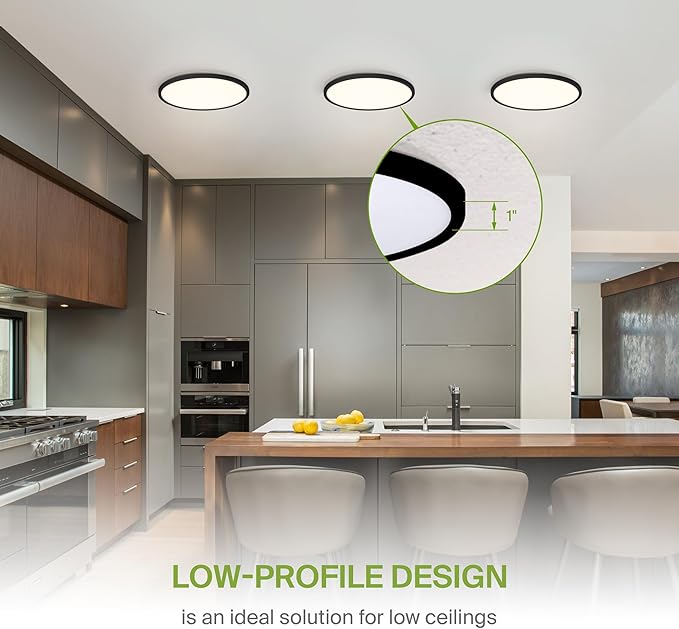 ASD LED 12" Round Flush Mount Ceiling Light Fixture, Low Profile Surface Lighting | 5CCT, Dimmable, Ultra-Thin, ETL Listed | 24W 1900LM 2700-6000K 120V | Kitchen, Hallway Lamp | Black, 12 Pack