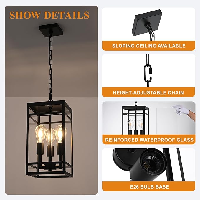 VINLUZ 3-Light Outdoor Pendant Light, 16" Matte Black Outdoor Hanging Light Fixture with Adjustable Chain, Exterior Linear Chandelier Hanging Lantern for Entryway, Patio, Garden, Front Door