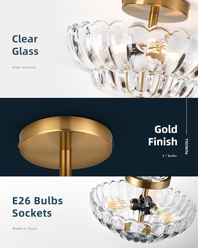 11.8 inch Semi Flush Mount Ceiling Light, 3-Light Close to Ceiling Light Fixtures with Flower Glass, Vintage Ceiling Lights for Hallway Living Room Kitchen Bedroom Bathroom, Clear
