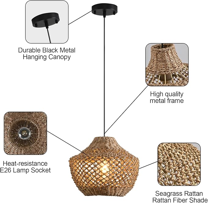 2-Pack Rattan Pendant Light Fixtures,11.81" Boho Pendant Light,Hand Woven Water Plants Rattan Chandelier for Workplace Occasions Restaurants Dining Living Bedroom Kitchen Farmhouse
