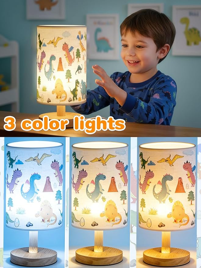 Kids Table Lamp for Bedroom,Dinosaur Room Decor for Boys,3 Level Dimmable Wood Nightstand Desk Base Flaxen Fabric Shade for Bedroom Living Room,Dinosaur Gifts for Boys (Colour)