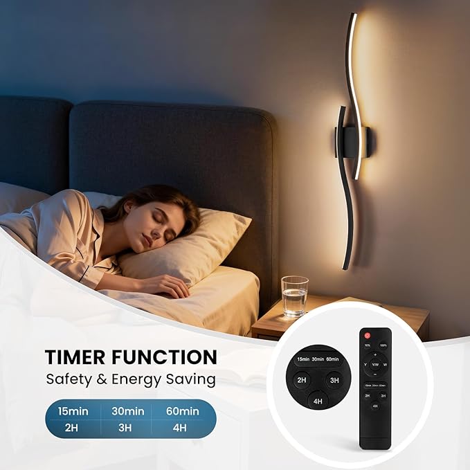 WOSHITU Black Battery Operated Wall Sconces: 39 Inch Rechargeable Sconce Wall Lighting Set of Two with Remote & 3CCT Dimmable, Modern Cordless Wall Light for Bedroom Living Room Hallway Bathroom