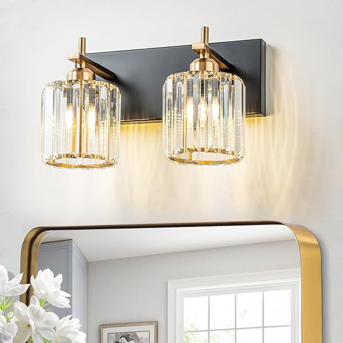 2-Light Crystal Bathroom Vanity Lights, Black Gold Modern Bathroom Light Fixtures Over Mirror Crystal Wall Lighting with Polished Gold Finish