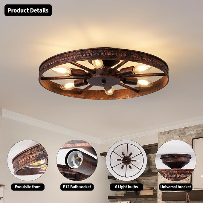 Semi Flush Mount Ceiling Light, Industrial Metal Ceiling Light Fixture, 18.9" Rustic 6-Light Farmhouse Light, Red Rust Chandelier for Kitchen Dinning Room Entryway Living Room