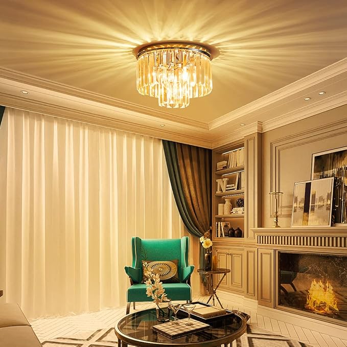 AGV LIGHTING CL006S Crystal Ceiling Light Fixture, Modern Semi Flush Ceiling Light, D12 x H8, E12 Base 3-Lights, Chrome Finish