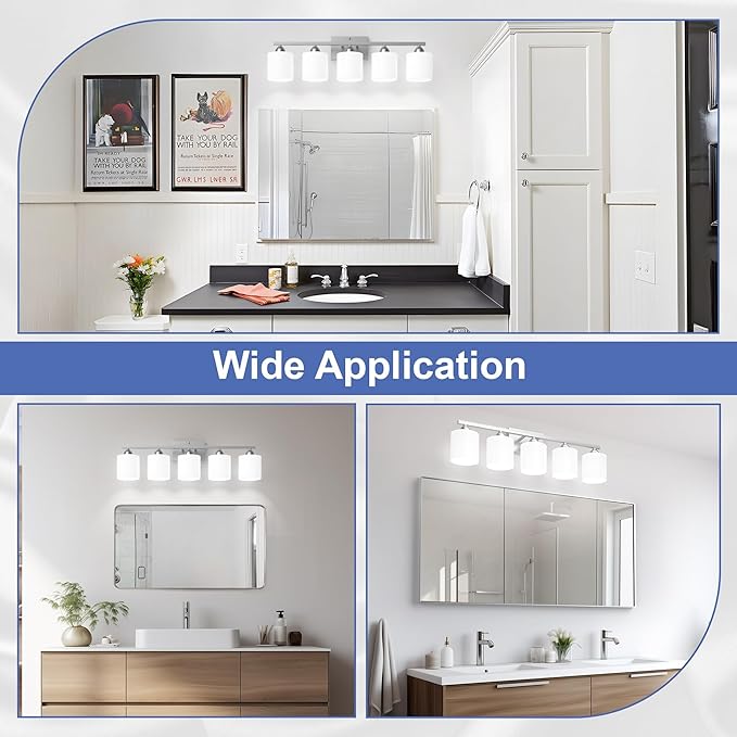 Bathroom Lighting Fixtures Over Mirror, Anti-Rust Vanity Light Fixture for Bathroom, Modern 5-Light Wall Sconce Light for Living Room, E26 Base, Milky White Glass Shades, Bulbs Not Included