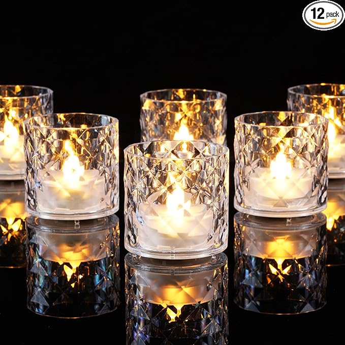 Homemory 2" x 2" Acrylic Votive Candle Holders with Auto Timer Flameless Led Tealight, Battery Powered Fake Electric Candles for Wedding Centerpiece, Table, Christmas Decor (12Pack, Clear Base)