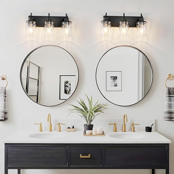 Lanhall 3-Light Black Bathroom Light Fixture Over Mirror Modern Farmhouse Bathroom Vanity Light Vintage Wall Lighting with Clear Glass Shade for Bathroom, Bedroom, Hallway, Cabinet