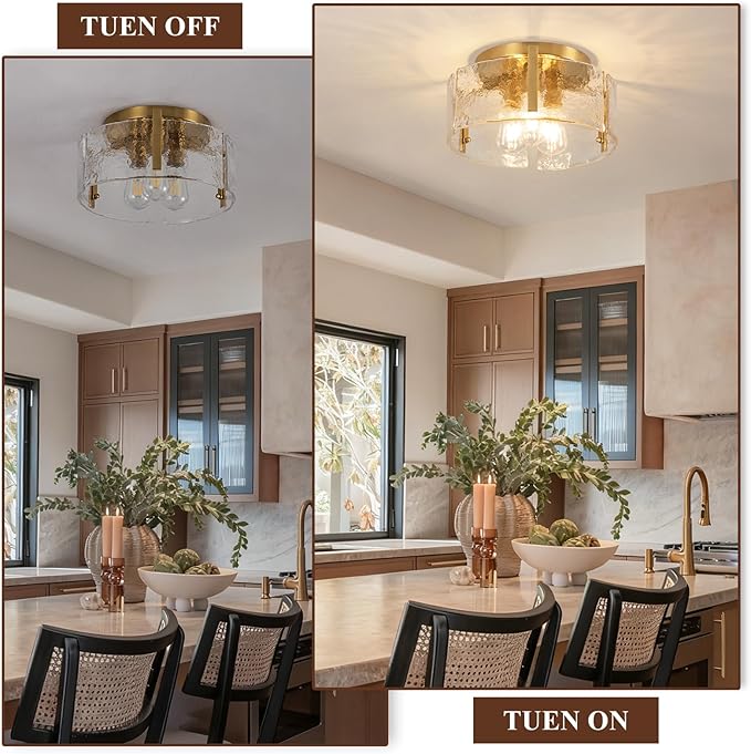 Gold Semi Flush Mount Ceiling Light Fixture, Modern Flush Mount Ceiling Lights, 3-Light Glass Drum Fixture for Dining Room, Farmhouse Foyer Lighting Fixtures for Kitchen, Entryway, Hallway, Bedroom