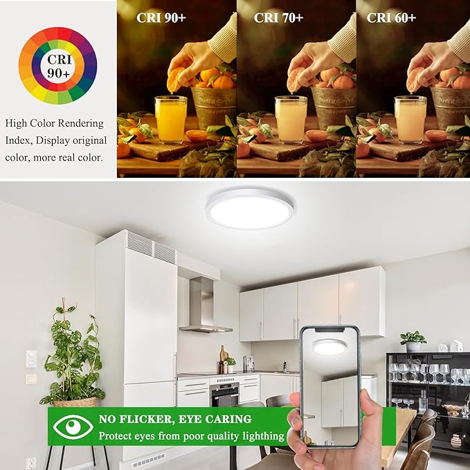 LED Flush Mount Ceiling Light Fixture, 24W 12Inch 3000K/3500K/4500K/5000K/6500K 5 Color Changeable 2880LM Low Profile Ceiling Light for Bedroom, Living Room, Dining Room,White 2 Packs