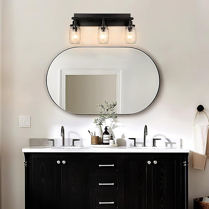 3-Light Bathroom Vanity Light, Black Bathroom Light Fixtures over Mirror, Vintage Wall Sconces with Clear Glass Shade, Industrial Farmhouse Mason Jar Wall Lamp for Bedroom Hallway Living Room