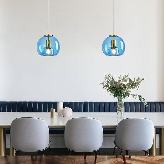 Light Blue Glass Pendant Lights Kitchen Island Gold Hanging Light Fixture Glass Globe Pendant Light Modern Pendant Lighting for Kitchen Island Bedroom Dining Room (7.87", B Style-2 Pack)