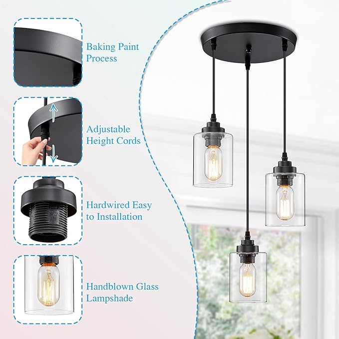 3-Light Pendant Lighting,3 Pendant Light Fixture for Kitchen Island,Dining Lamp Ceiling Hanging,with Adjustable Cord and Glass Shade for Farmhouse Living Dining Room Bar,Black