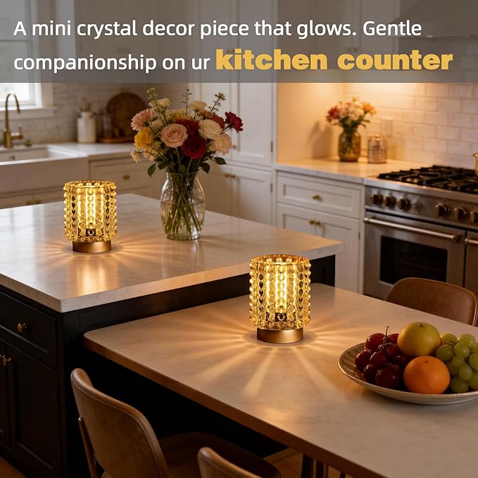 Battery Operated Lamp with Timer, Mini Crystal Table Lamps for Home Decor, Small Cordless Lamp for Areas No Outlets, Glass Battery Powered Lamps for Entryway, Bedroom, Bathroom, Shelf (2 Yellow)