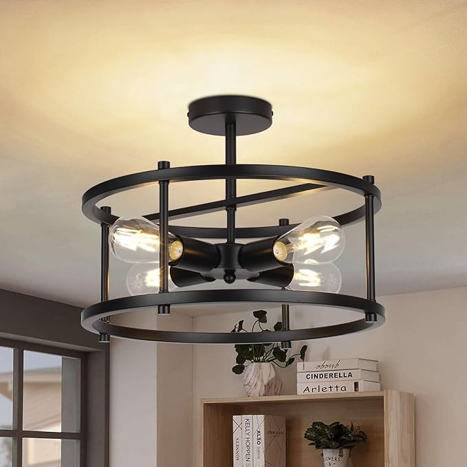 16'' Semi Flush Mount Ceiling Light 4-Light Industrial Light Fixtures Ceiling Mount Black Chandelier Light Fxiture for Kitchen Dining Room Entryway Bedroom Living Room