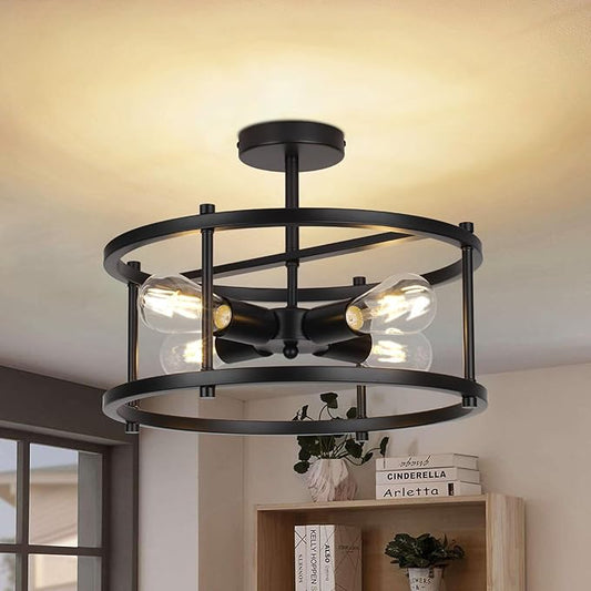 16'' Semi Flush Mount Ceiling Light 4-Light Industrial Light Fixtures Ceiling Mount Black Chandelier Light Fxiture for Kitchen Dining Room Entryway Bedroom Living Room