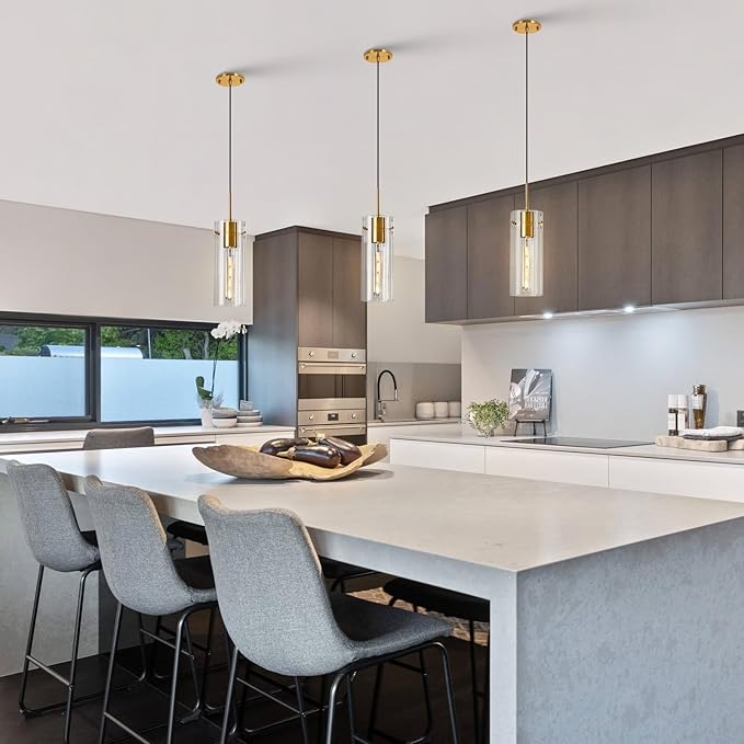 Gold Pendant Light Fixtures, 2 Pack Modern Pendant Lighting with Clear Striped Glass Shade, Hanging Pendant Lights Kitchen Island, Farmhouse Pendant Lighting for Dining Room Bedroom Bathroom