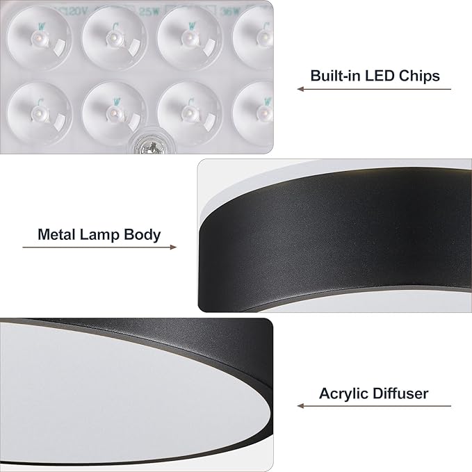 YURNYQ Black LED Flush Mount Ceiling Lights, Modern Dimmable 5CCT Close to Ceiling Light, Simple Overhead Round Kitchen Lighting Fixtures for Bedroom Hallway Entryway Living Room, 15.8 Inch