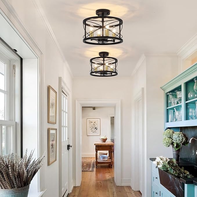 TOULMJ 4-Light Semi Flush Mount Ceiling Light, Black Gold Ceiling Light Modern Hallway Light Fixtures for Kitchen Island Entryway Laundry Room Foyer Dining Room