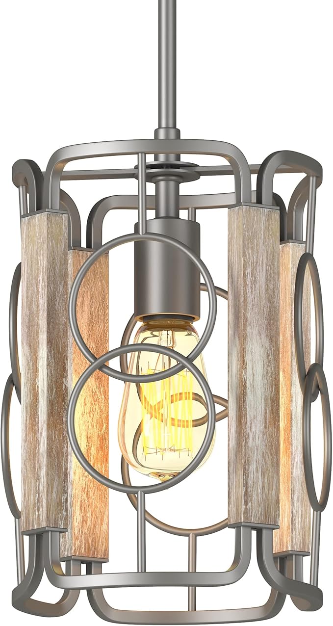 Inlight 8" Modern Farmhouse 1-Light Pendant for Kitchen Island, Open Cage Design, Rustic Distressed Wood and Brushed Silver Gray Finish, IN-0336-1-WD