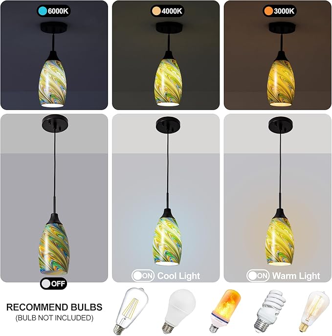 Viinew Mini Glass Pendant Light 4.72" Colorful Pattern Oval Pendant Lights 1-Pack Handblown Art Glass Hanging Pendant Light for Kitchen Island Dining Room Living Hallway Matte Black Metal
