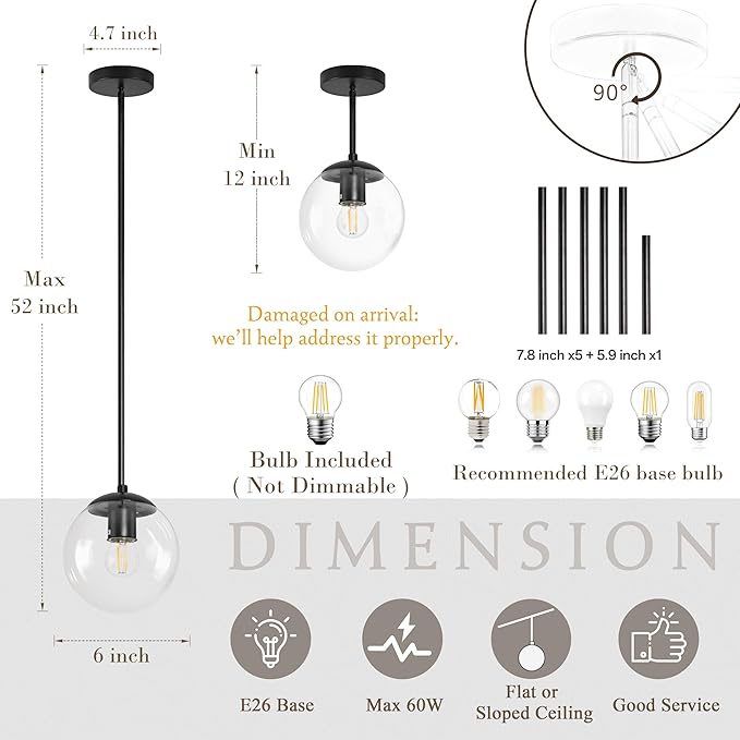 Bagood 6 Inch Globe Pendant Light Black Mid Century Pendant Light Clear Glass Pendant Lights Kitchen Island Mid Century Adjustable Hanging Farmhouse Pendant Lights Fixtures for Kitchen Island