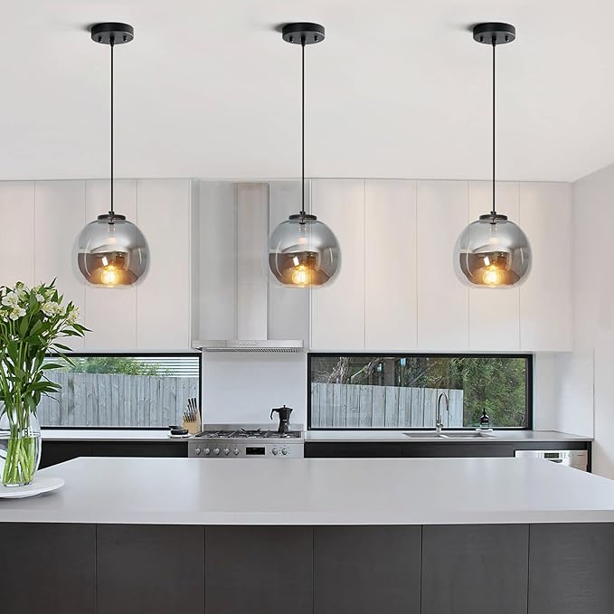 Mirror Smoke Gray Glass Pendant Lights Kitchen Island Black Hanging Light Fixture 7.87" Glass Globe Pendant Light Modern Pendant Lighting for Kitchen Island Bedroom Dining Room (7.87", 1 Pack)