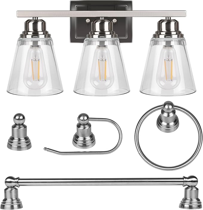 Brushed Nickel 3 Light Bathroom Vanity Light Set,5 Piece Brushed Nickel Bathroom Light Accessories Set,Brushed Nickle 3 Light Bathroom Vanity Fixture with Hardware Set