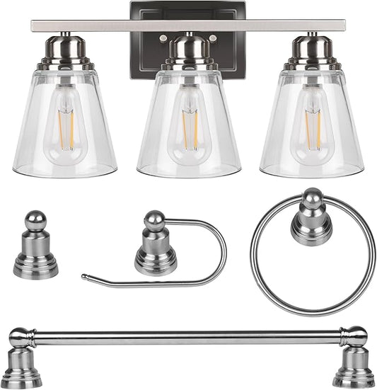 Brushed Nickel 3 Light Bathroom Vanity Light Set,5 Piece Brushed Nickel Bathroom Light Accessories Set,Brushed Nickle 3 Light Bathroom Vanity Fixture with Hardware Set