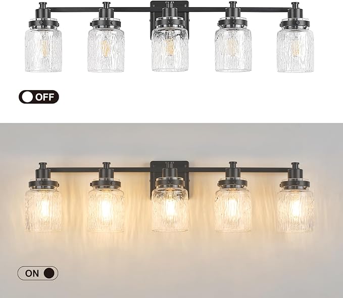 5 Lights Bathroom Light Fixtures Farmhouse Black Vanity Lights for Bathroom Lighting Fixtures Over Mirror with Hammered Glass Lampshade for Cabinet Mirror Bedroom Hallway
