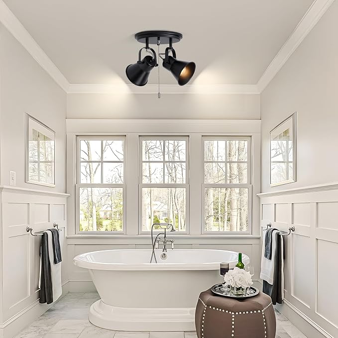 SEEBLEN 2-Light Black Track Lighting with Pull Chain, Industrial Adjustable Pull Chain Light Fixture Round Ceiling Light, Modern Flush Mount for Kitchen, Hallway, Dining Room