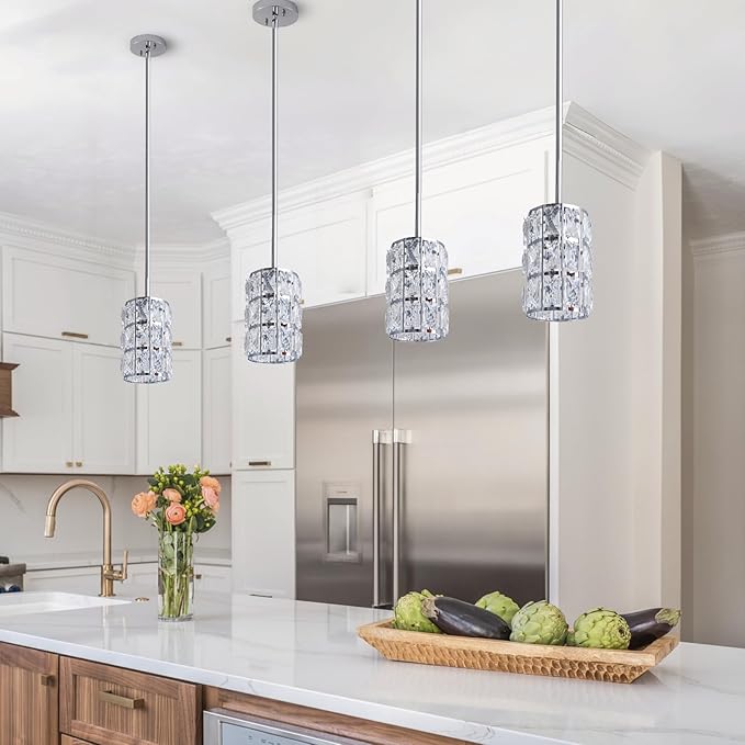 Modern Crystal Pendant Light 3-Pack Chrome Finish Pendant Lights Mini Crystal Chandelier Adjustable Hanging Ceiling Light Fixtures for Kitchen Island Dining Room Bedroom Entryway Hallway Bar