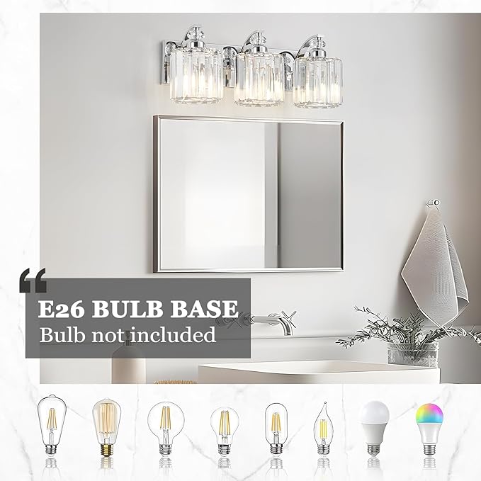 3-Light Modern Bathroom Light Fixture Chrome Vanity Lights Over Mirror Wall Sconce Lighting with K9 Crystal Shades Bathroom Wall Lamp E26 Base for Bedroom, Living Room, Hallway, Cabinet