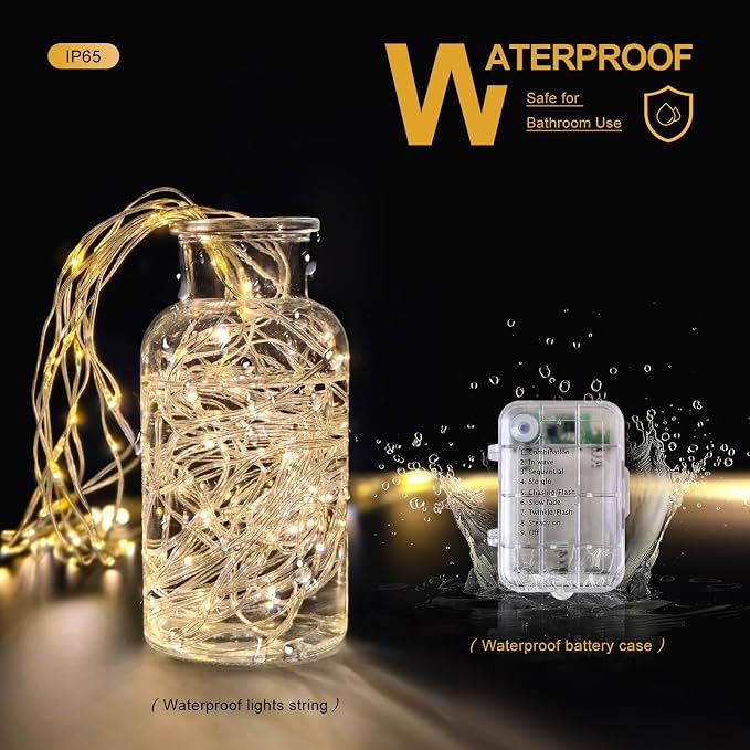 Fairy Lights for Shower Curtains, Waterproof String Lights for 72 x 72 Inches Shower Curtains Battery Operated Warm White Curtain Lights for Bathroom, 180 LEDs Indoor Outdoor Decor (NO CURTAIN)
