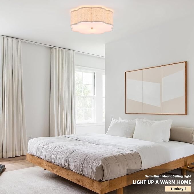 18" Modern Flush Mount Ceiling Light, 3-Light Large Gold Ceiling Fixture with Beige Linen Drum Shade, Flower Design Ceiling Lamp for Dining Room, Bedroom, Nursery, Entryway