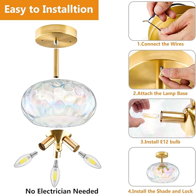 14'' Semi Flush Mount Ceiling Light, 3-Light Iridescent Glass Shade, Brass Indoor Vintage Ceiling Light Fixture for Entryway, Bedroom, Kitchen, Living Room, Hallway, Farmhouse Bulbs Not Included