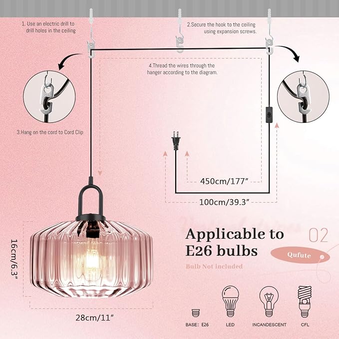 Modern Plug in Pendant Light Fixture Large Glass Hanging Lamp Pink Globe Shade Hanging Light Plug in Cord Mid Century Modern Pendant Lighting with 14.7 ft Cord for Kitchen Living Room