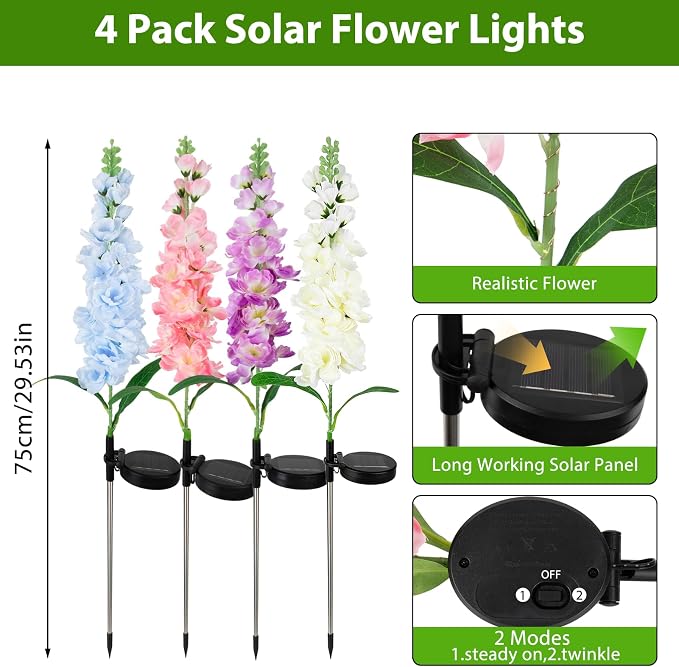 4 Pack Color Changing Solar Lights Delphinium Flower Decorative Lights | Auto ON/Off,Outdoor Waterproof,Garden Lights for Spring Lawn Pathway Landscape Birthday Gifts for Mom Women Grandma