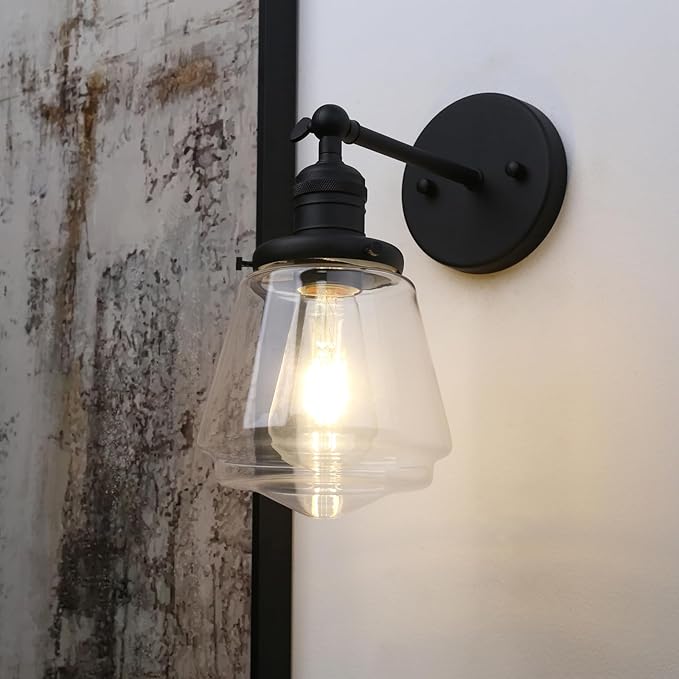 Phansthy Wall Sconces Light Fixture Industrial Wall Lamp, 180 Degree Adjustable Bathroom Vanity Light, Wall Light with Glass Shade Wall Decorative Lighting for Kitchen Living Room Hallway (Black)