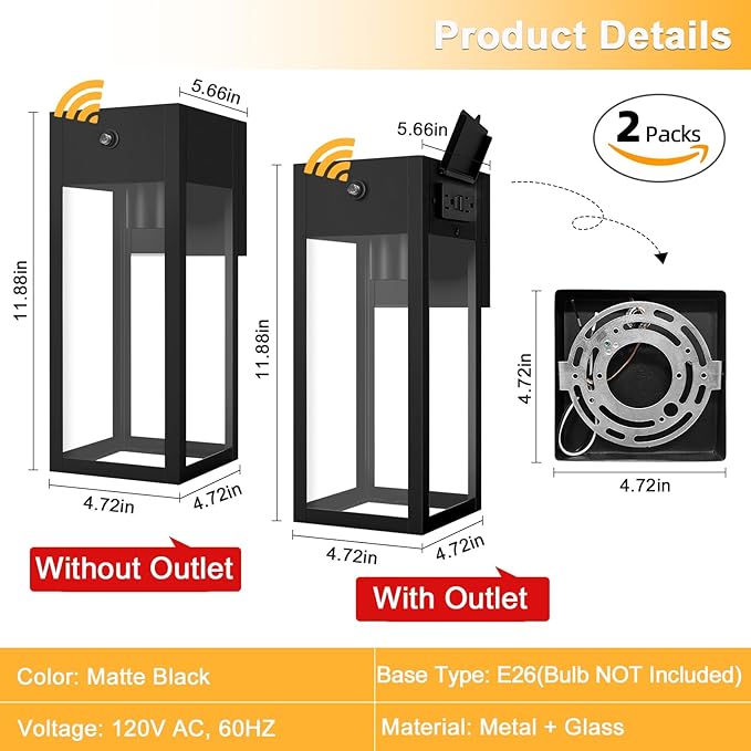 Dusk to Dawn Outdoor Light Fixtures Wall Mount, Outdoor Porch Lights with Outlet, Dusk to Dawn Outdoor Lighting for Doorway, Garage- Black