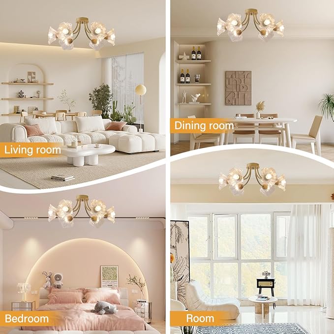 Gold Brass Flush Mount Ceiling Lights Fixture 6-Light Mid Century Modern Ceiling Light with Clear Glass Flower Shape Shade Sputnik Ceiling Lighting for Bedroom Living Dining Room