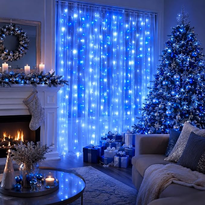 HEYFUNi Fiee Curtain Lights,304L 9.8ftX9.8ft 30V 8Modes Safety Window Lights for Home Wedding Christmas Party Patio Lawn Garden Bedroom Outdoor Indoor Wall Decorations (304LED, Blue+White)