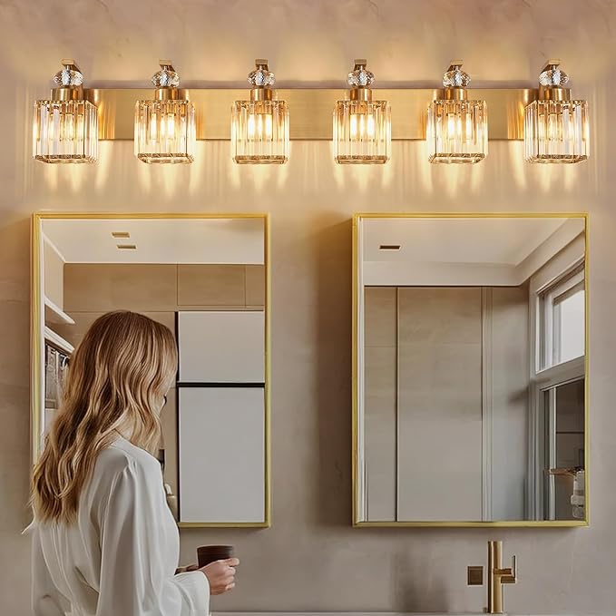 Modern Bathroom Vanity Light, 6-Light Gold Bathroom Lighting Fixtures Over Mirror, 44.1" Crystal Wall Light Sconce for Bathroom/Bedroom/Vanity, Includes LED Bulbs, Easy Installation