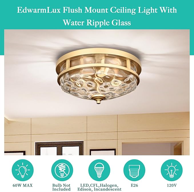Flush Mount Ceiling Lights, 2-Light Farmhouse Close to Ceiling Light, Industrial Ceiling Lighting Fixture for Kitchen Hallway Bedroom Living Room Stairways Porch (Gold)
